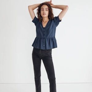 Madewell Blue Drapeweave Puff-Sleeve Peplum Top Dark Baltic Size Large